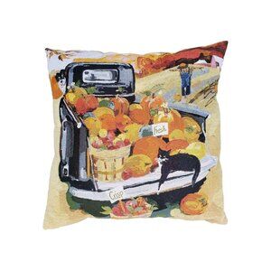 Martha Collins Autumn Tapestry Throw Pillow Cat Dog Pumpkins Truck Scarecrow 18"